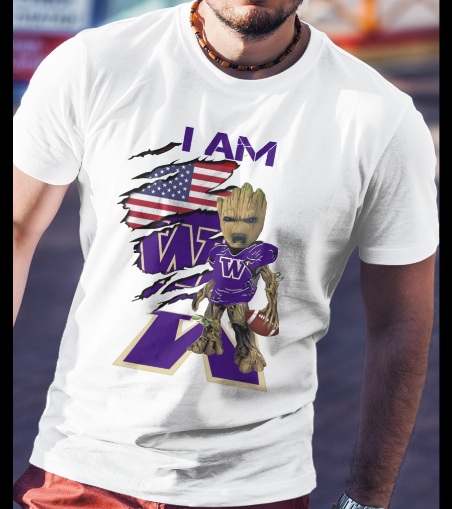 I AM Hukies W Baby Groot Football American Flag T-Shirt