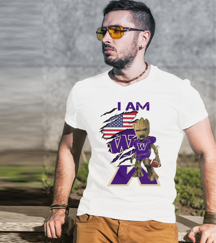 I AM Hukies W Baby Groot Football American Flag T-Shirt