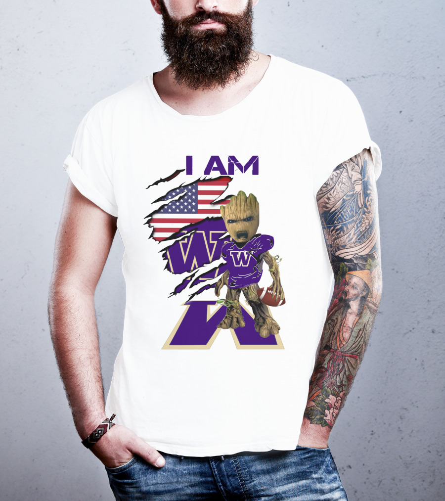 I AM Hukies W Baby Groot Football American Flag T-Shirt