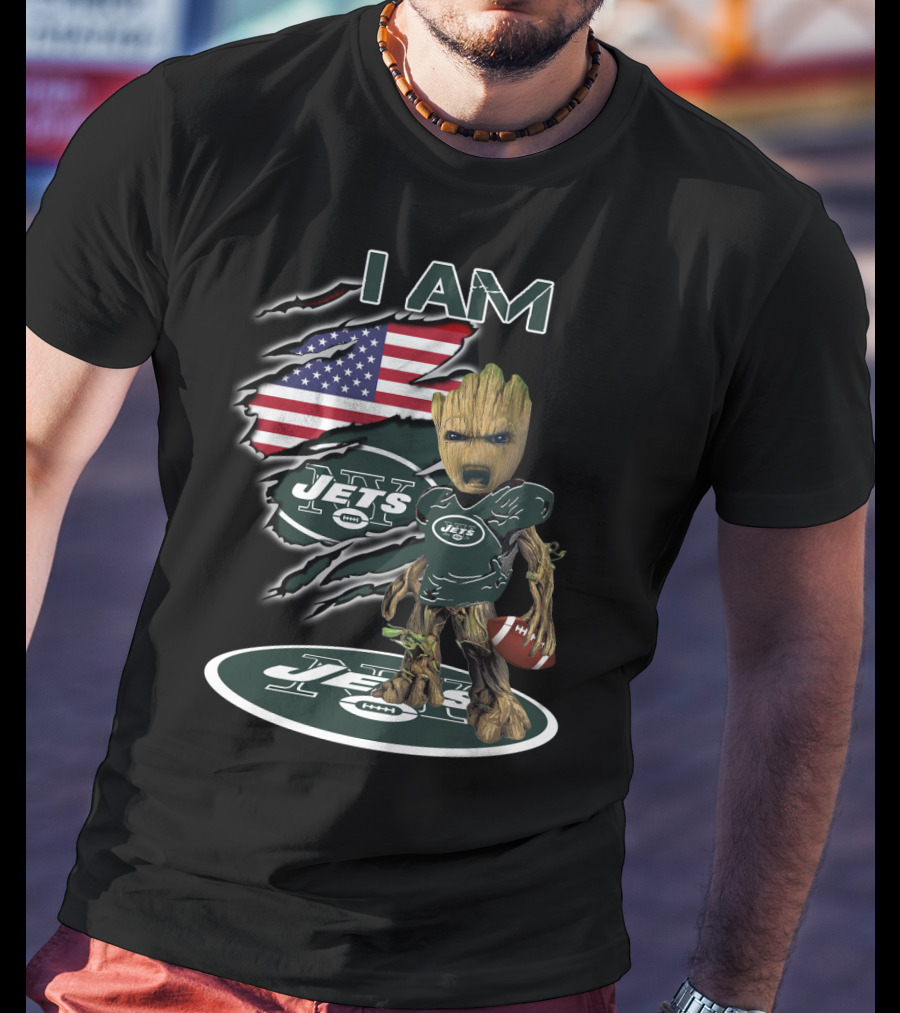 I Am Jets Baby Groot American Flag Football T-Shirt