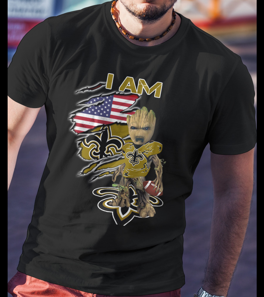 I Am Saints Baby Groot American Flag Football Fleur De Lis T-Shirt