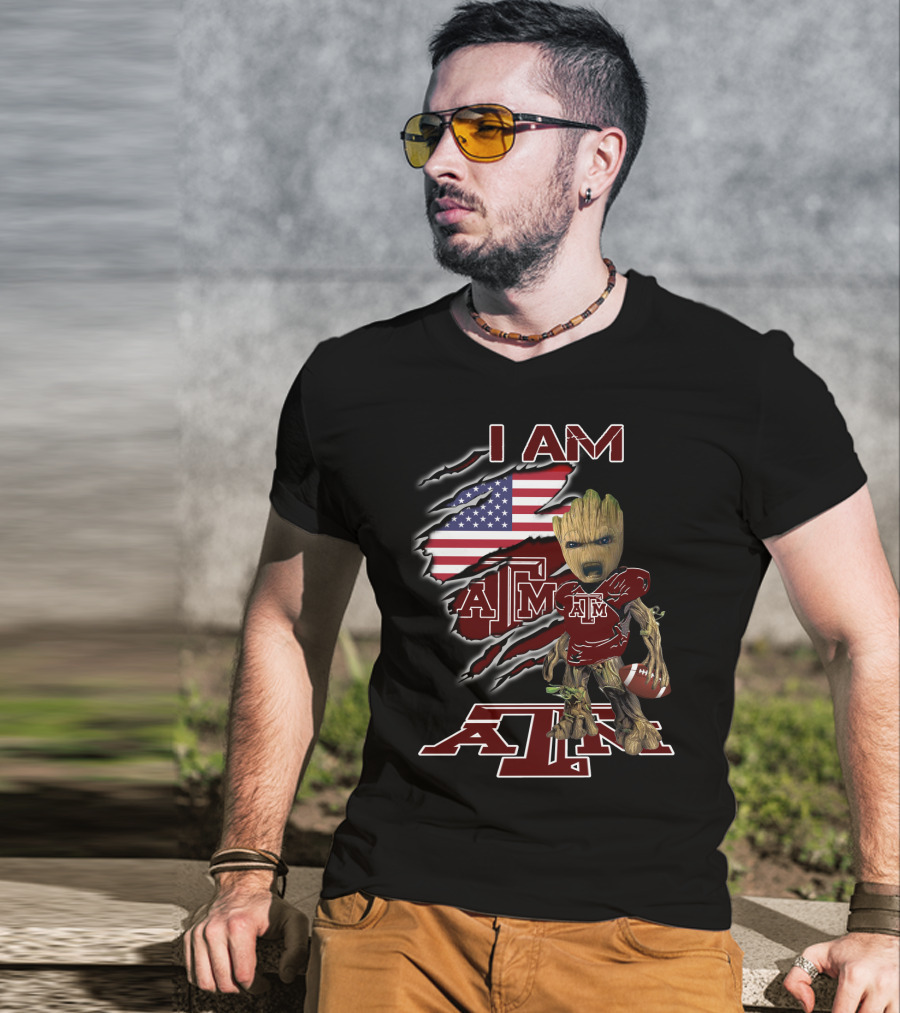 I AM ATM Baby Groot American Flag Football T-Shirt