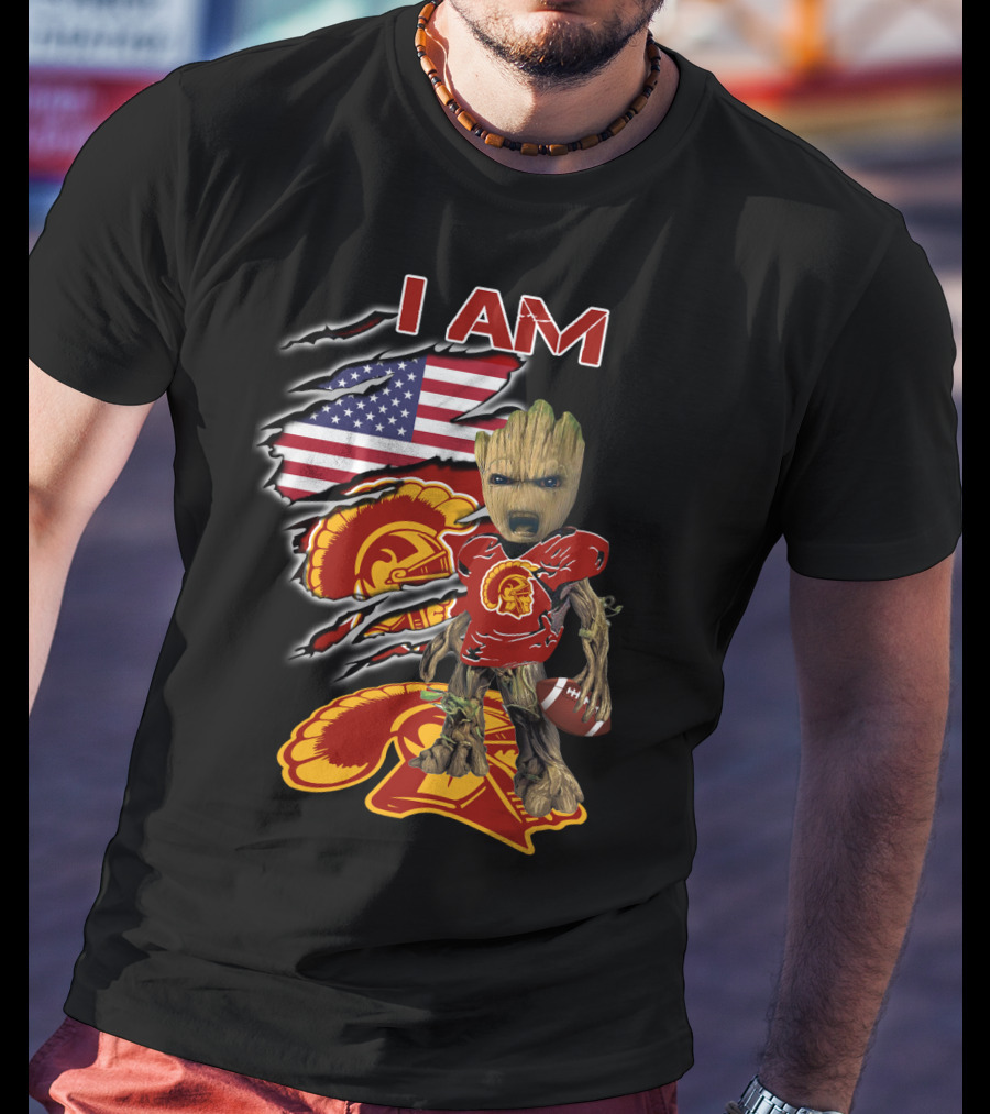 I Am Trojans Baby Groot American Flag Usc Football T-Shirt
