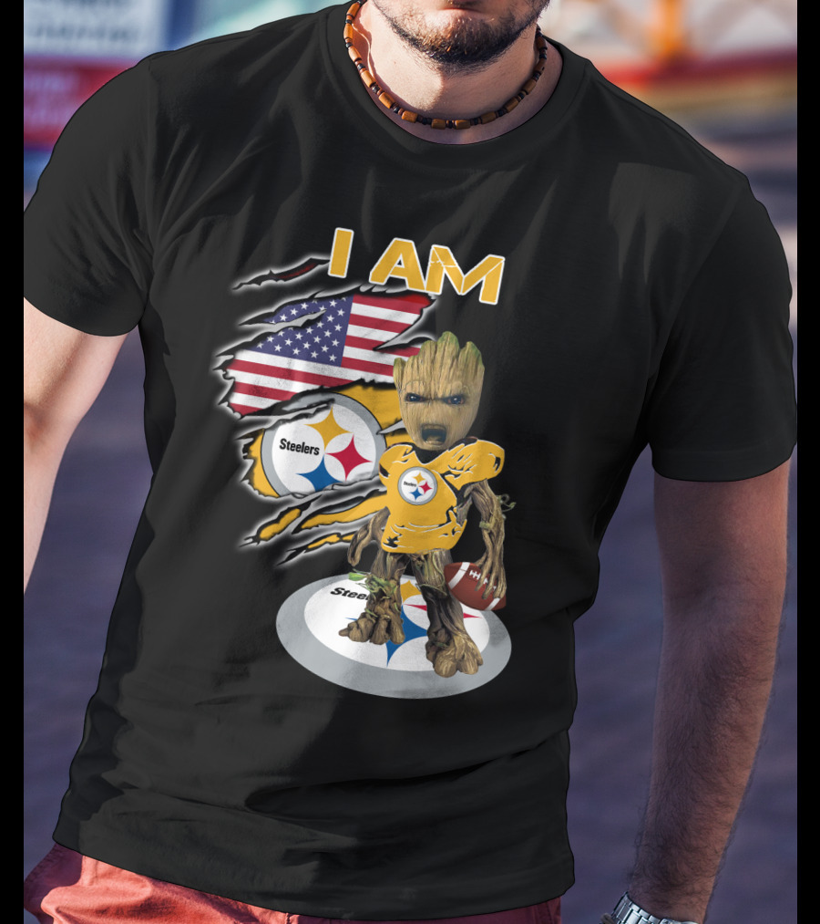 I Am Steelers Baby Groot American Flag Football Nfl Character T-Shirt