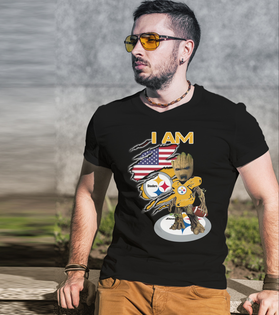 I Am Steelers Baby Groot American Flag Football Nfl Character T-Shirt