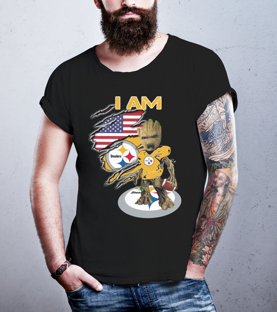 I Am Steelers Baby Groot American Flag Football Nfl Character T-Shirt