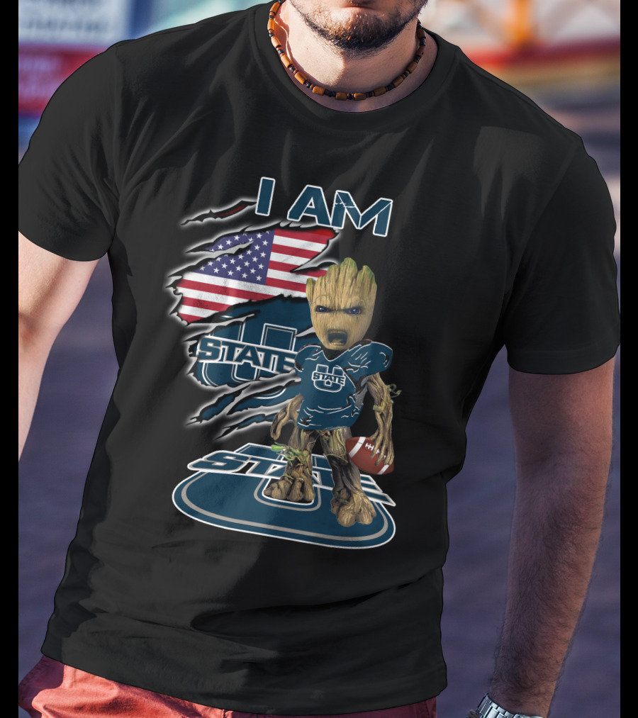 I AM Utah State Baby Groot Football American Flag T-Shirt