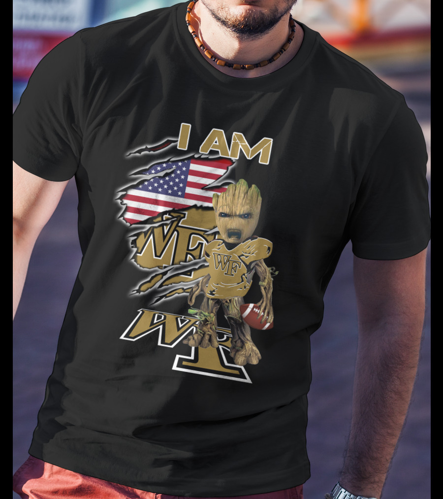 I Am Wf Wake Forest Baby Groot American Flag Football T-Shirt
