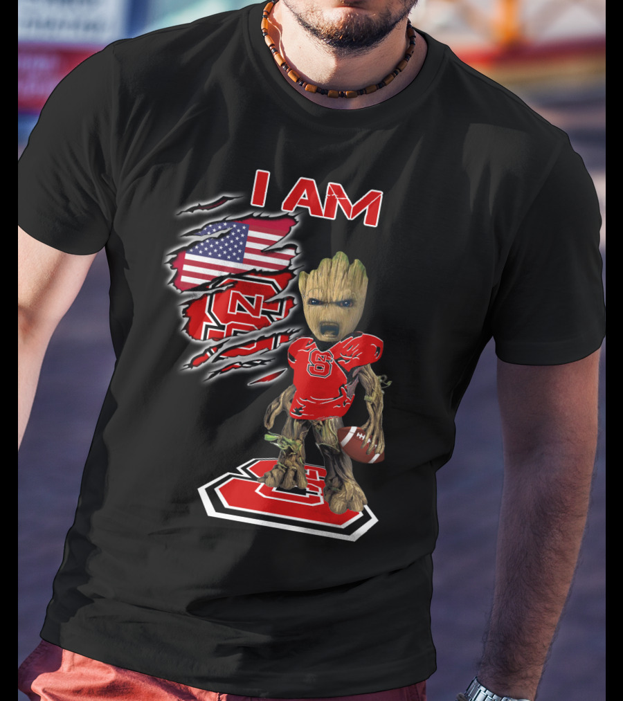 I Am Nc State Baby Groot Football American Flag Usa T-Shirt