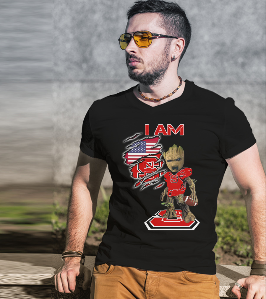 I Am Nc State Baby Groot Football American Flag Usa T-Shirt
