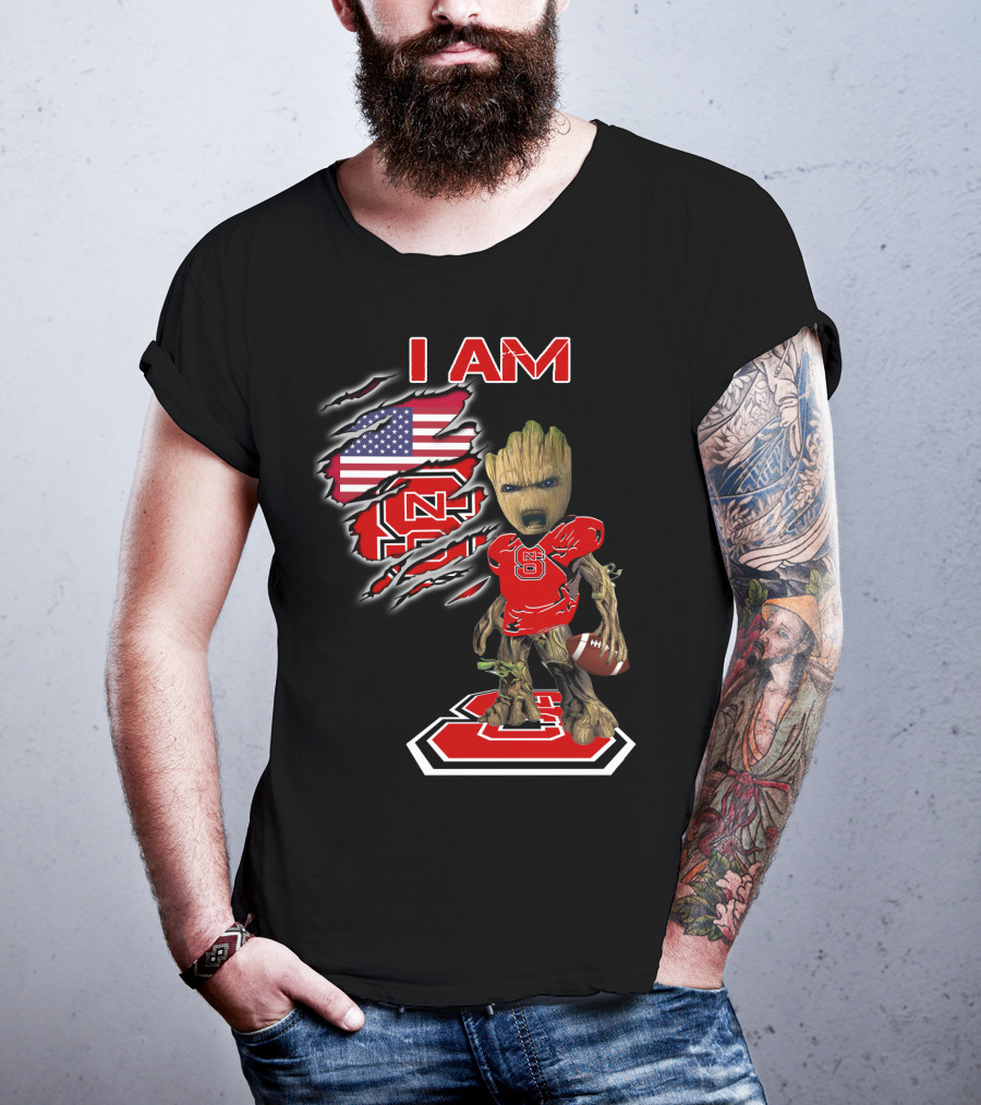 I Am Nc State Baby Groot Football American Flag Usa T-Shirt