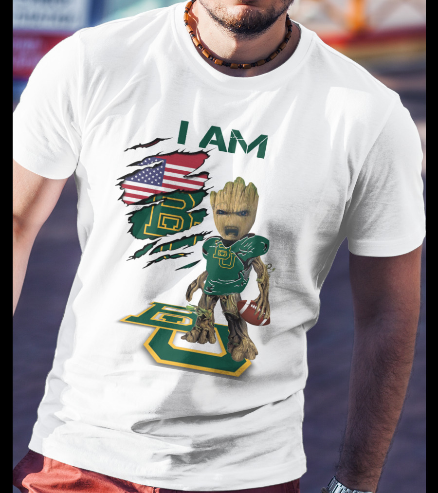 I Am Baylor Baby Groot Football Usa Flag T-Shirt