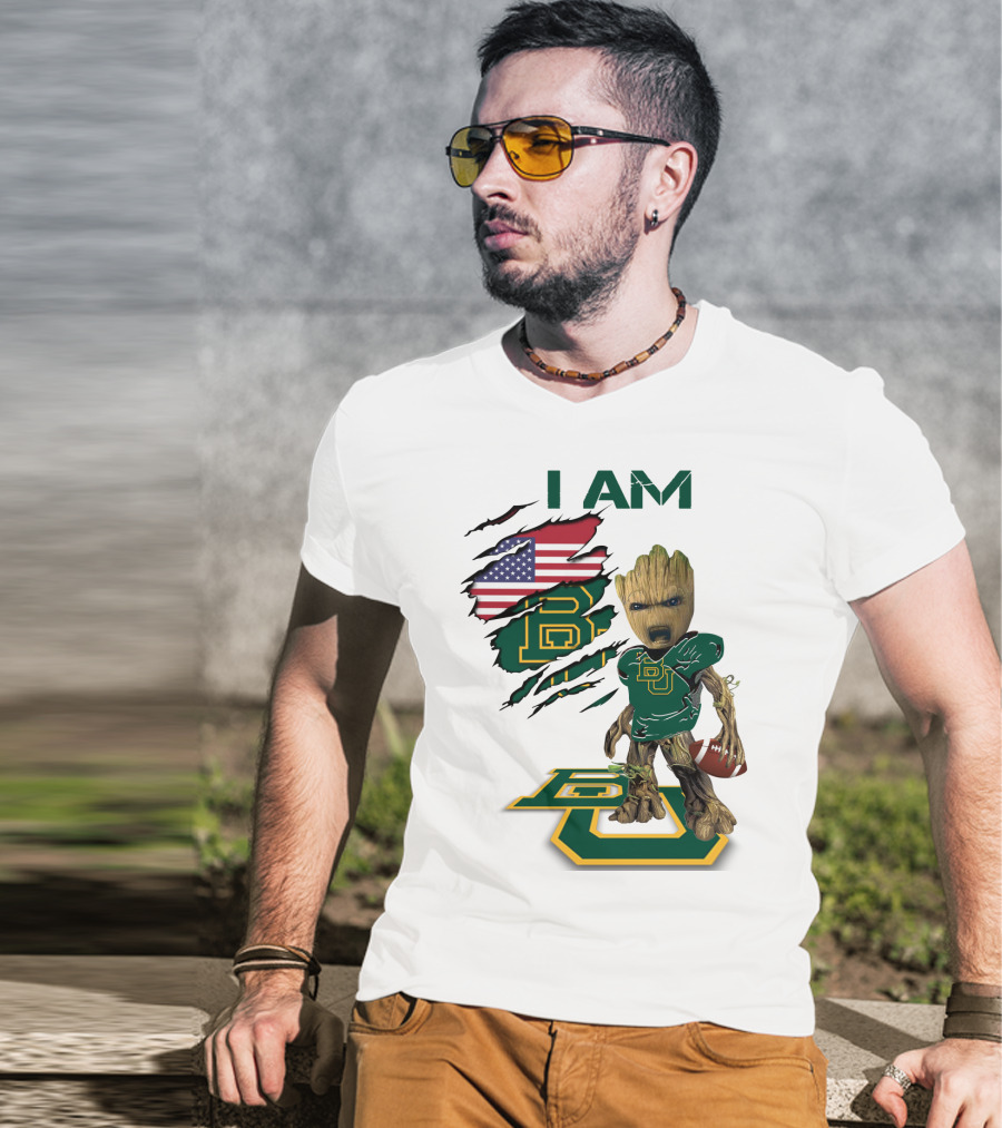 I Am Baylor Baby Groot Football Usa Flag T-Shirt