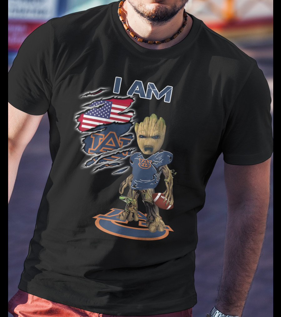I Am Auburn Baby Groot Football USA Flag T-Shirt