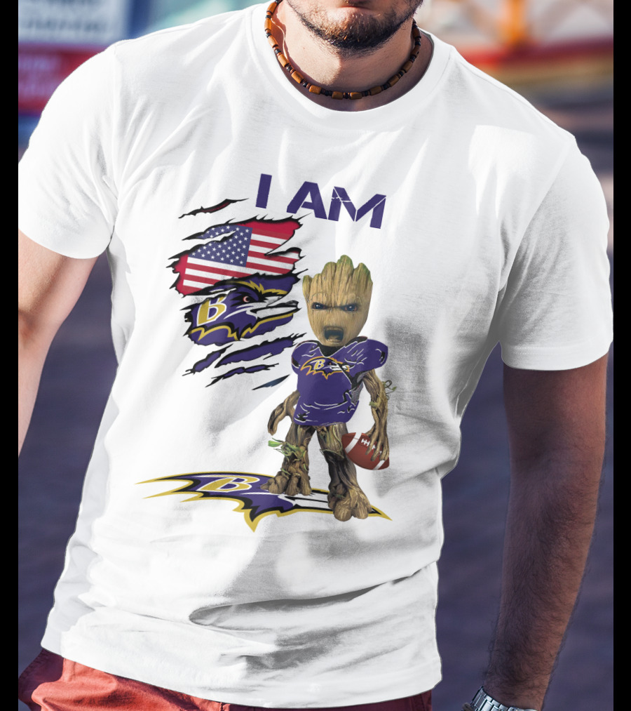 I Am Baby Groot Baltimore Ravens American Flag Football T-Shirt
