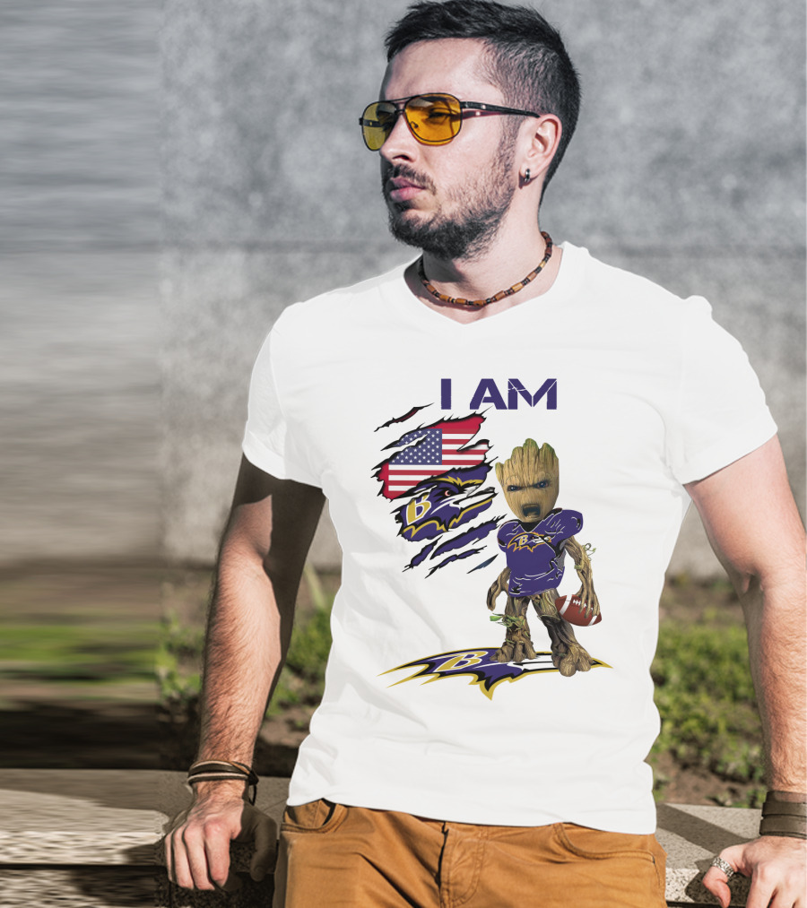 I Am Baby Groot Baltimore Ravens American Flag Football T-Shirt
