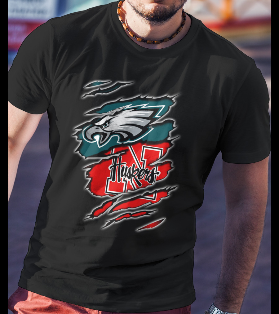 Philadelphia Eagles Nebraska Huskers Football Fan Logo Torn T-Shirt