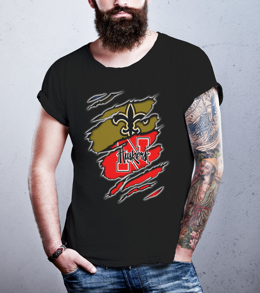 Huskers N Logo And Fleur-de-Lis Saints Logo Claw T-Shirt