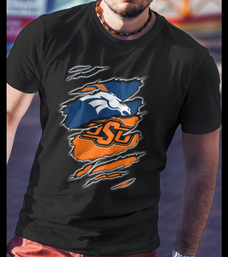 Denver Broncos Oklahoma State Osu Ripped Design Integration T-Shirt
