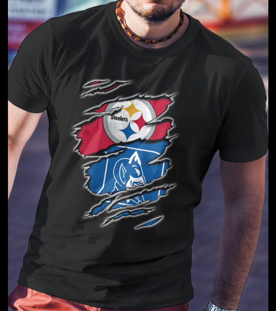 Steelers Duke Blue Devils Ripped Emblem Combination T-Shirt