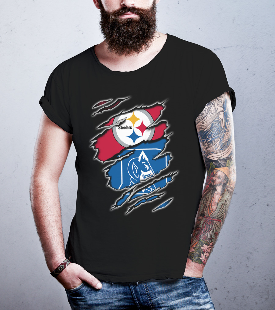 Steelers Duke Blue Devils Ripped Emblem Combination T-Shirt