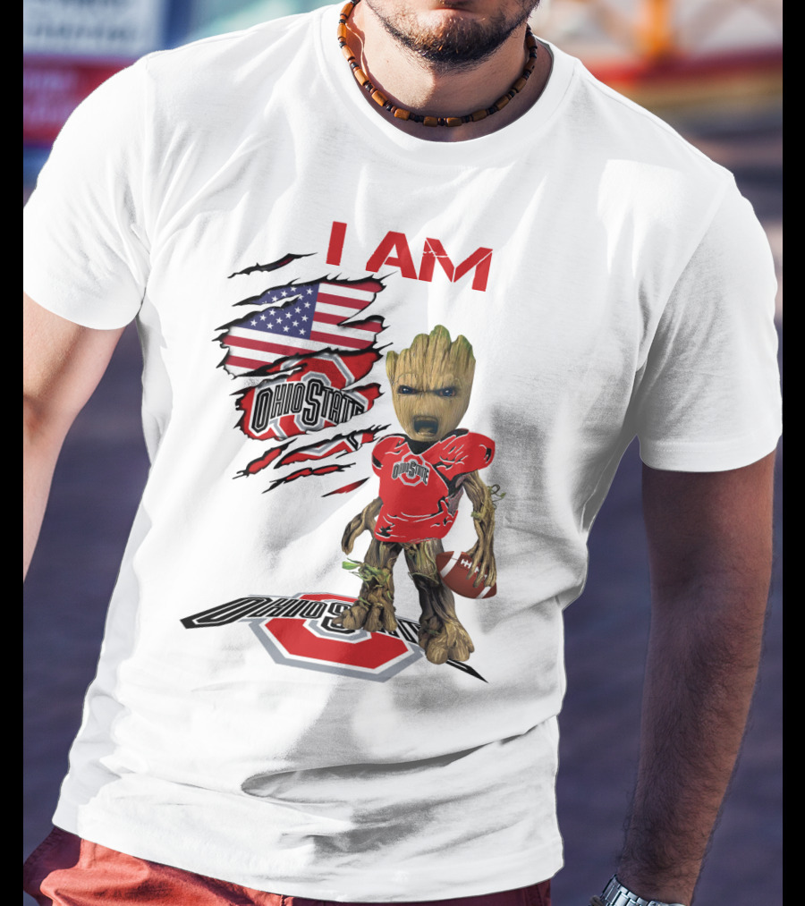 I Am Ohio State Baby Groot Football American Flag T-Shirt