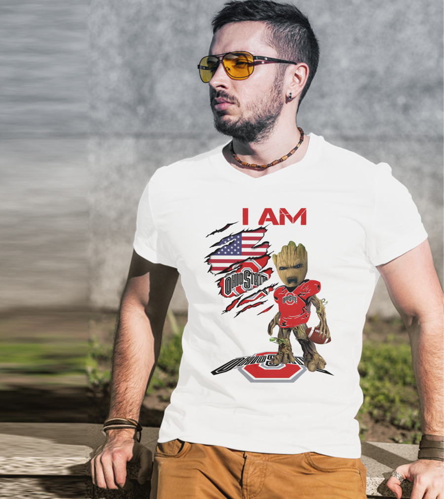 I Am Ohio State Baby Groot Football American Flag T-Shirt