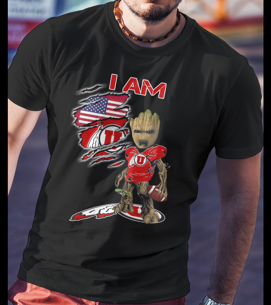 I Am U Utah Football Fan Groot American Flag T-Shirt