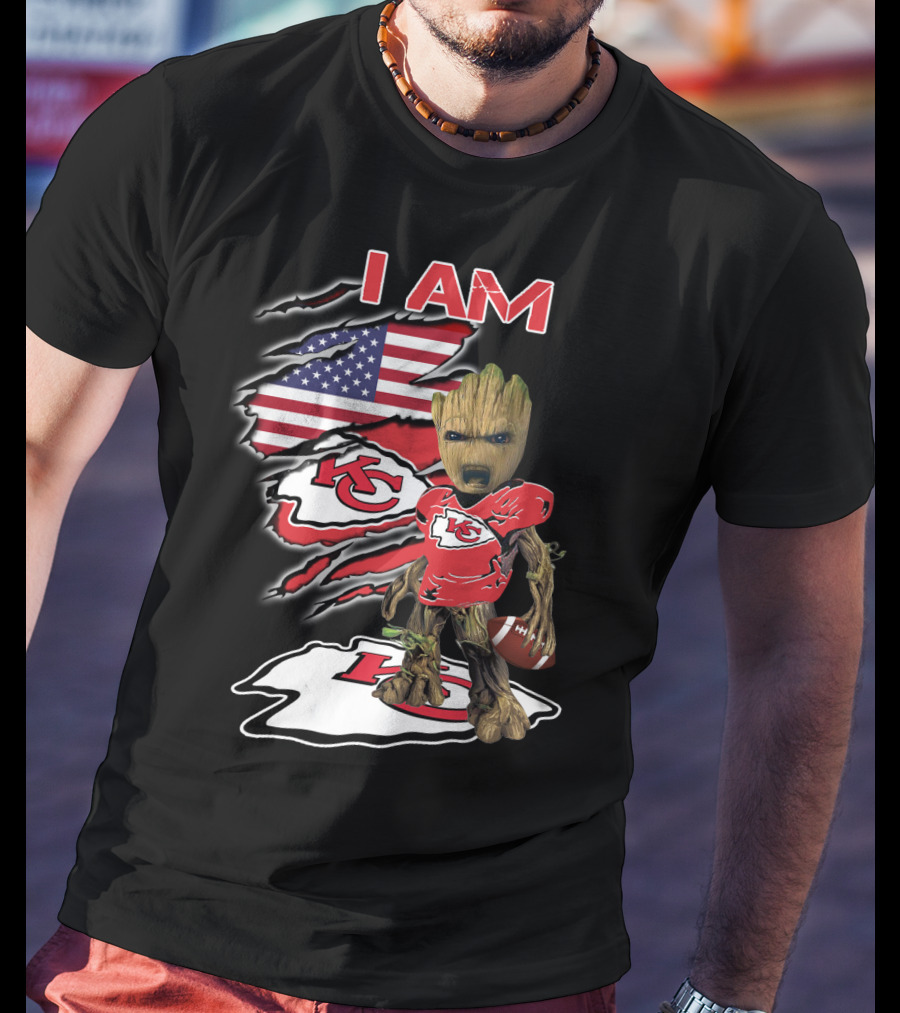 I Am Kc Chiefs Groot American Football Fan Usa Flag T-Shirt
