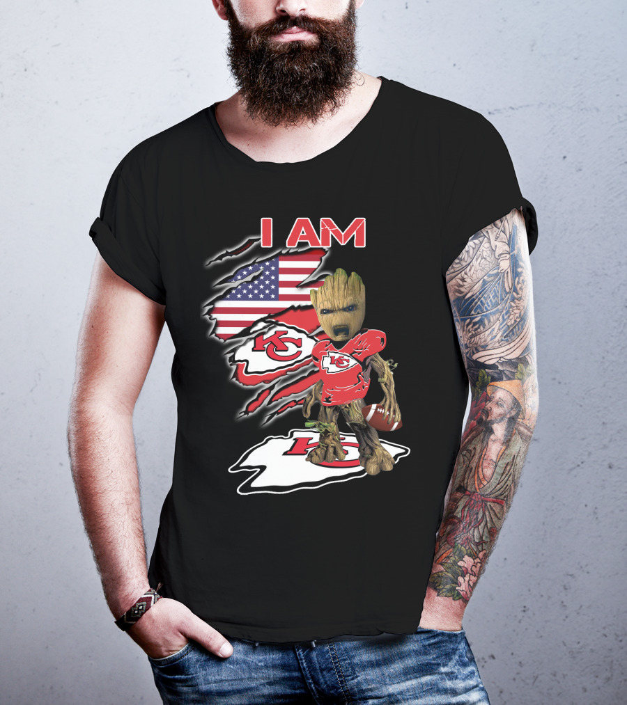 I Am Kc Chiefs Groot American Football Fan Usa Flag T-Shirt