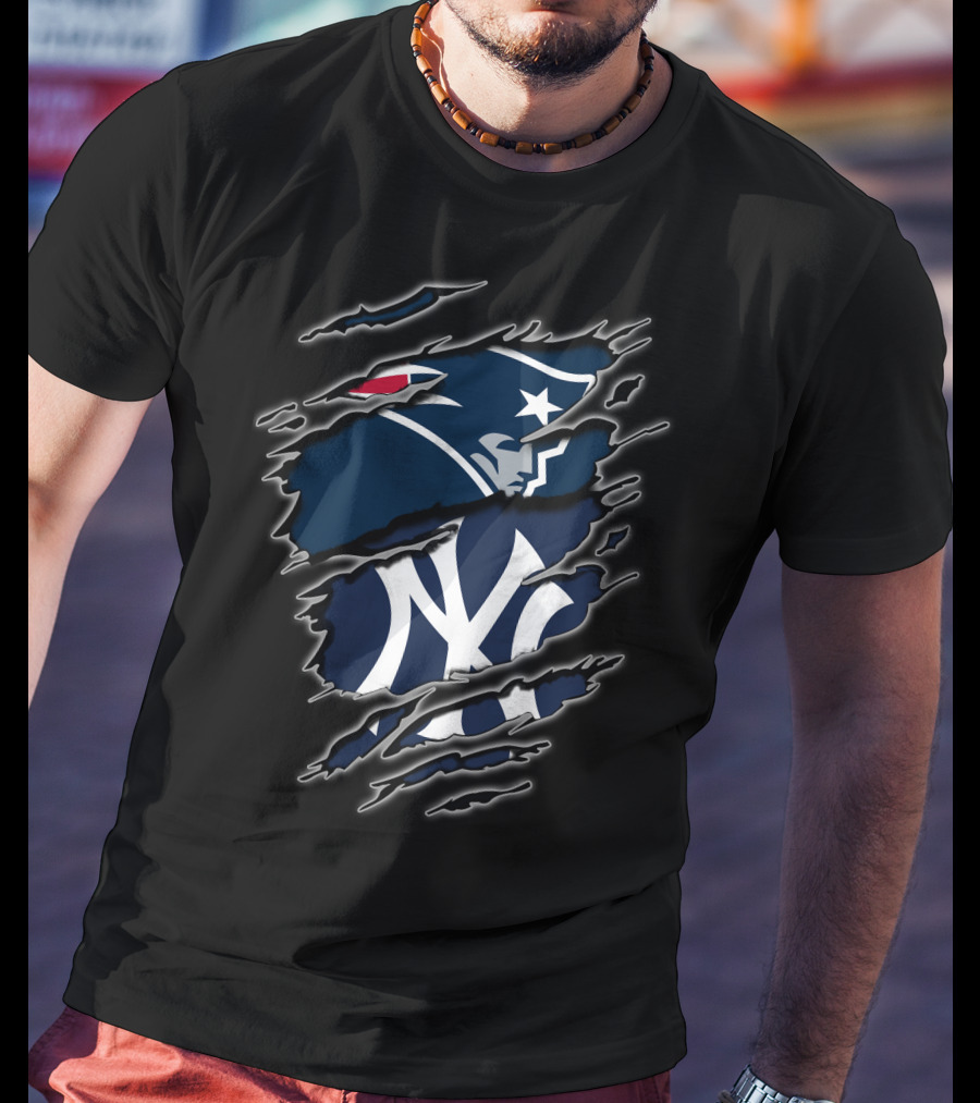 Patriots And Yankees Logo Combined With Ripped Style T-Shirt