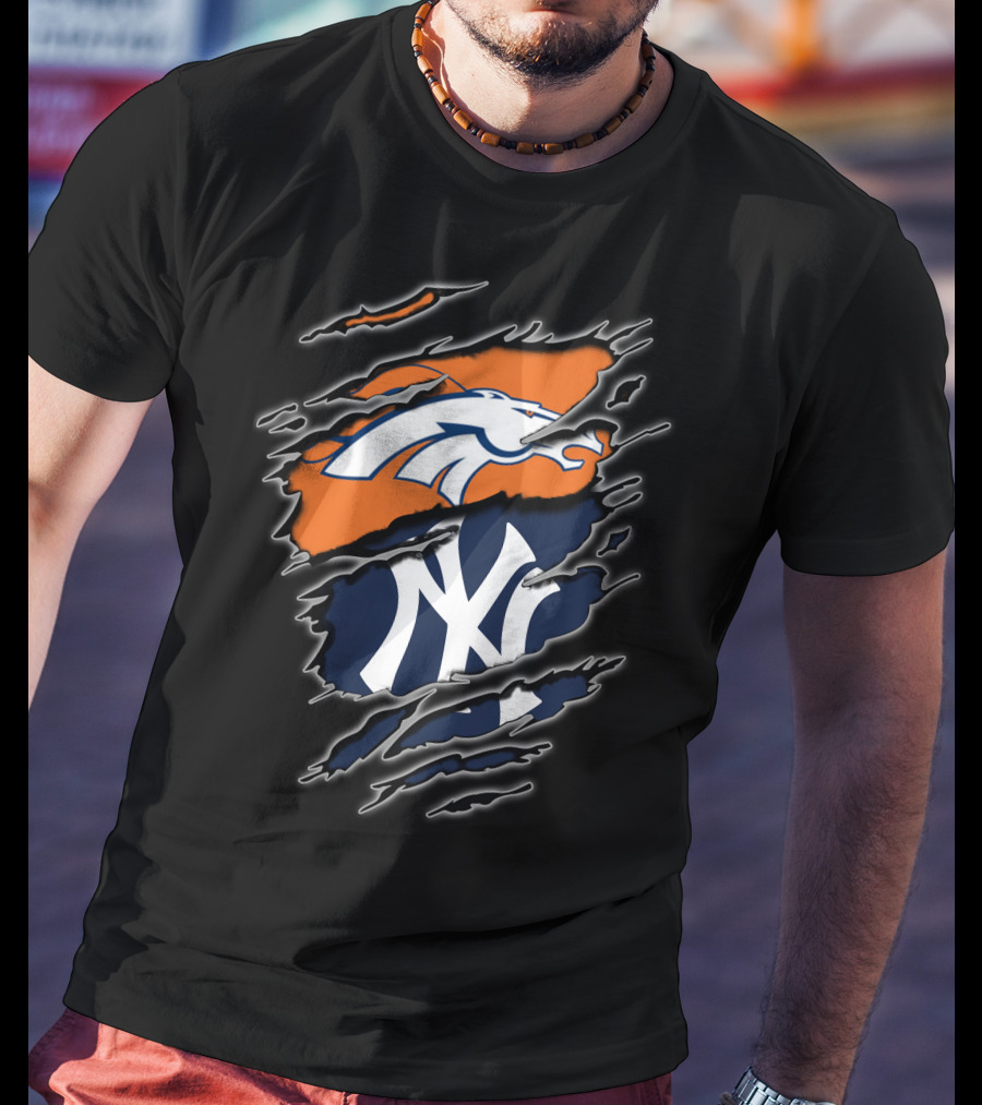 Broncos And Yankees Combined Logos On Torn T-Shirt