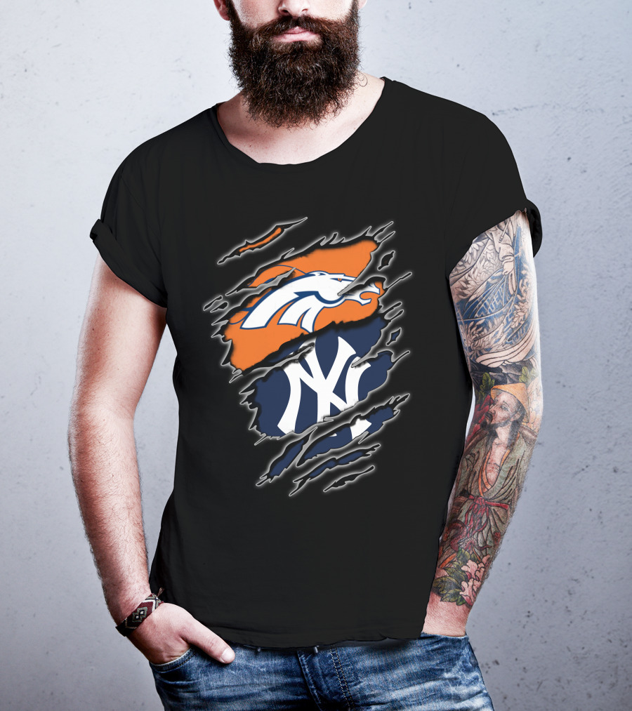 Broncos And Yankees Combined Logos On Torn T-Shirt