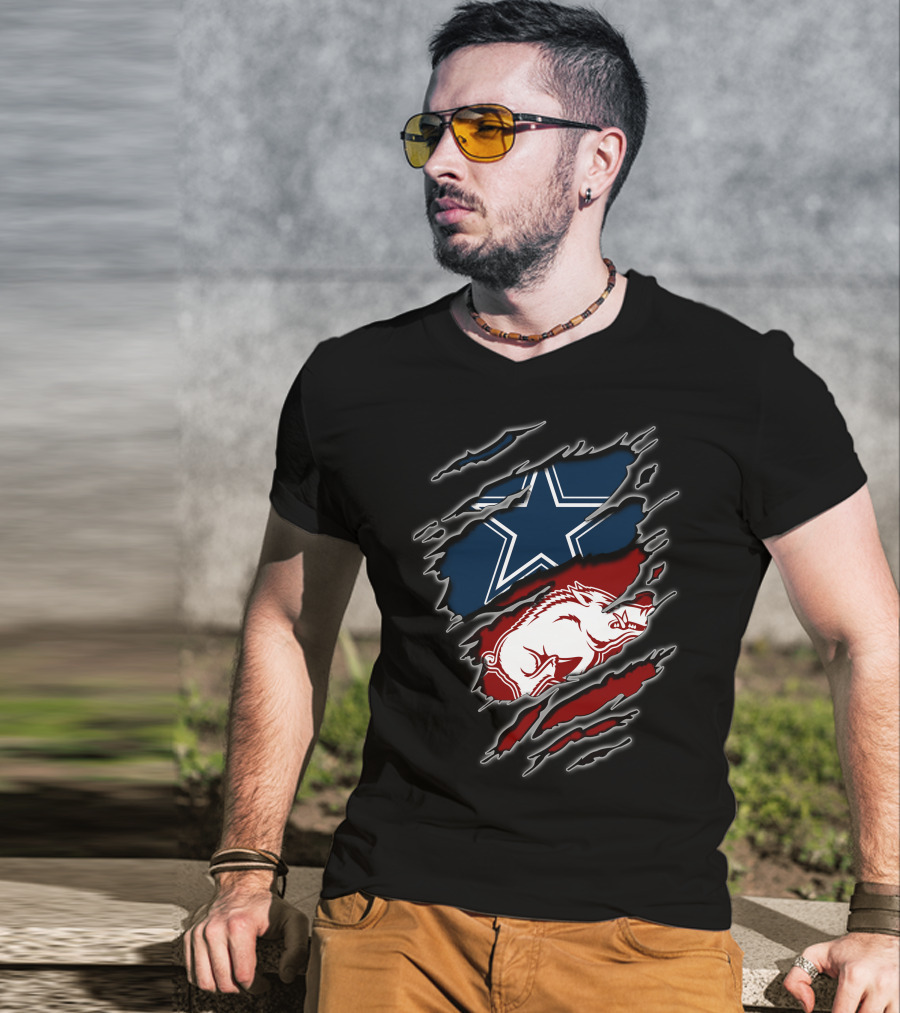 Dallas Cowboys And Arkansas Razorbacks Ripped T-Shirt