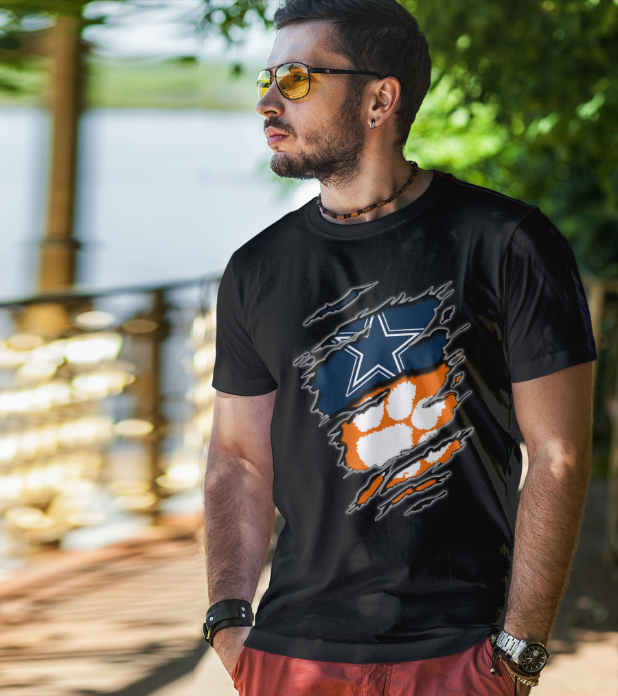 Cowboys Star Paw Clemson Logo Ripped T-Shirt