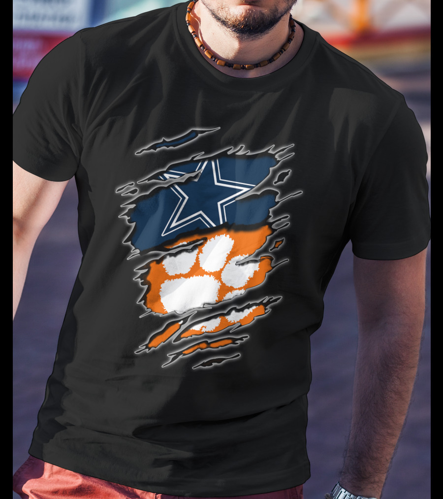 Cowboys Star Paw Clemson Logo Ripped T-Shirt