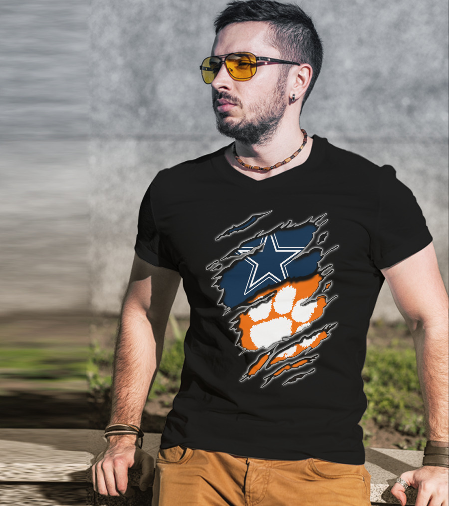 Cowboys Star Paw Clemson Logo Ripped T-Shirt
