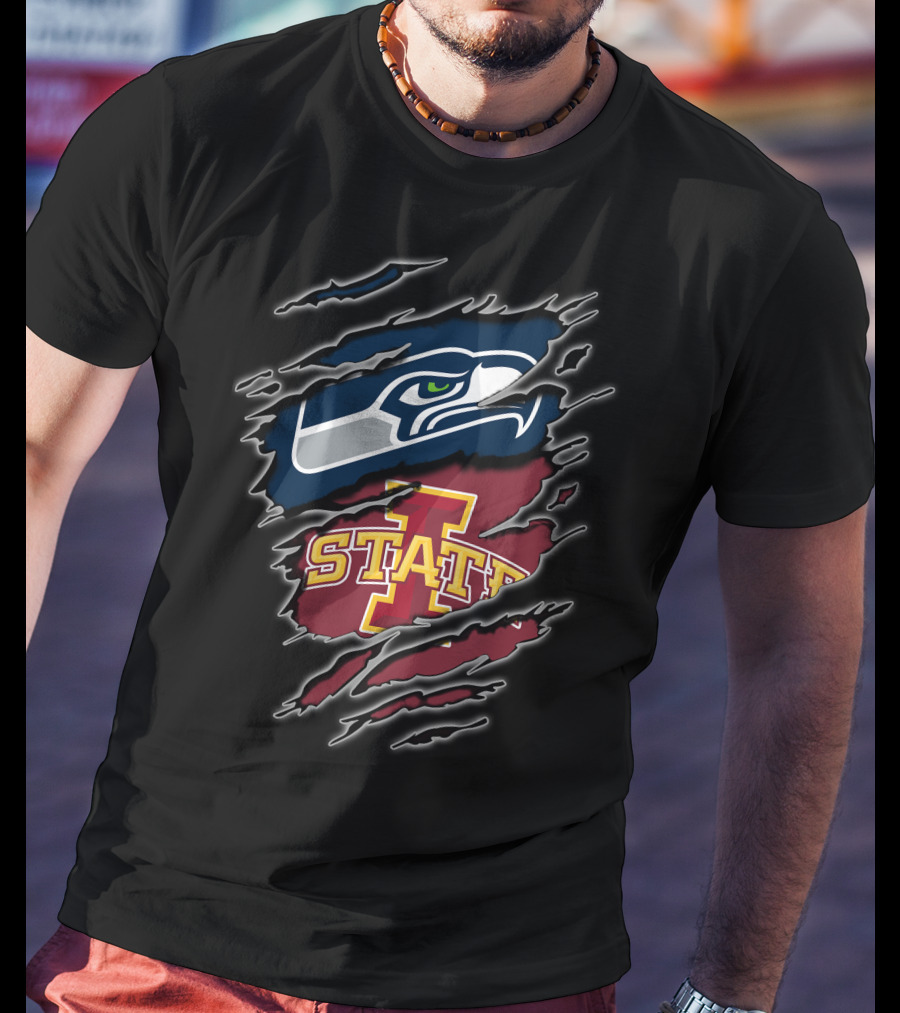 Seahawks Iowa State Cyclones Seattle Logo Torn Effect T-Shirt