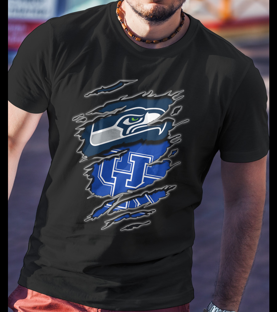 Seahawks Uk Blue Claw Mark Logo Ripped Effect T-Shirt