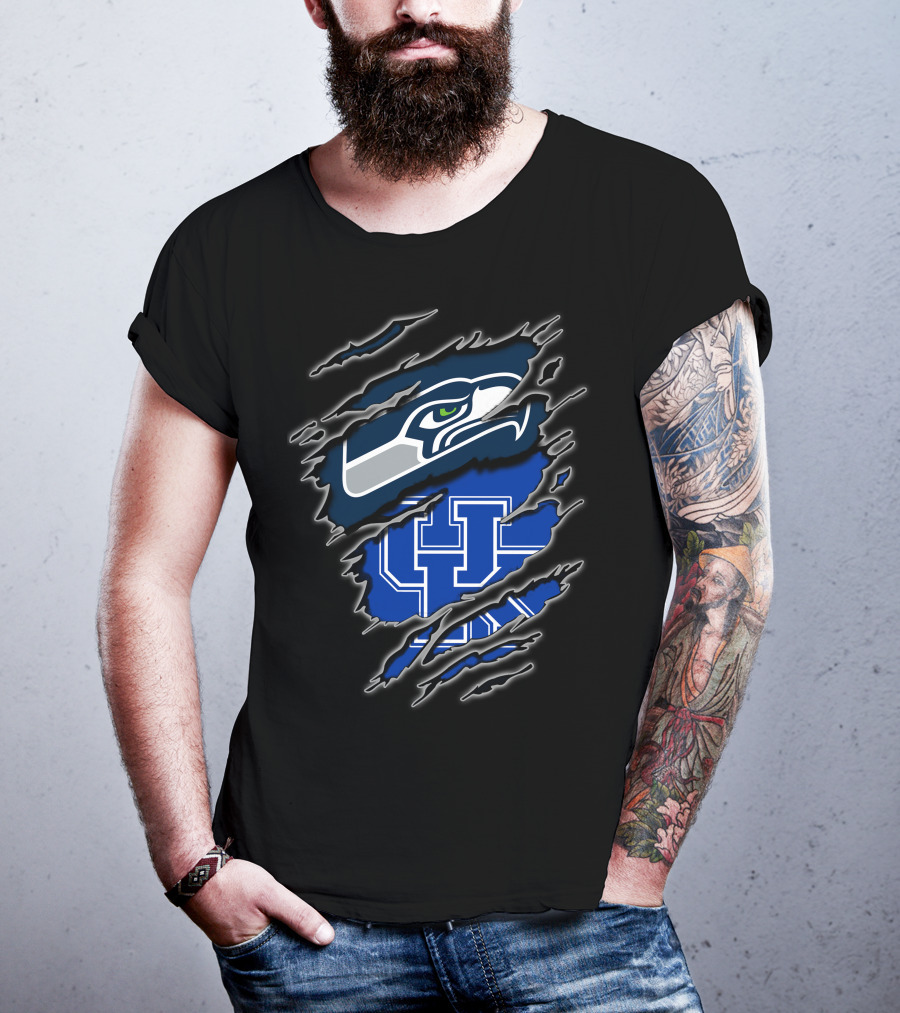 Seahawks Uk Blue Claw Mark Logo Ripped Effect T-Shirt
