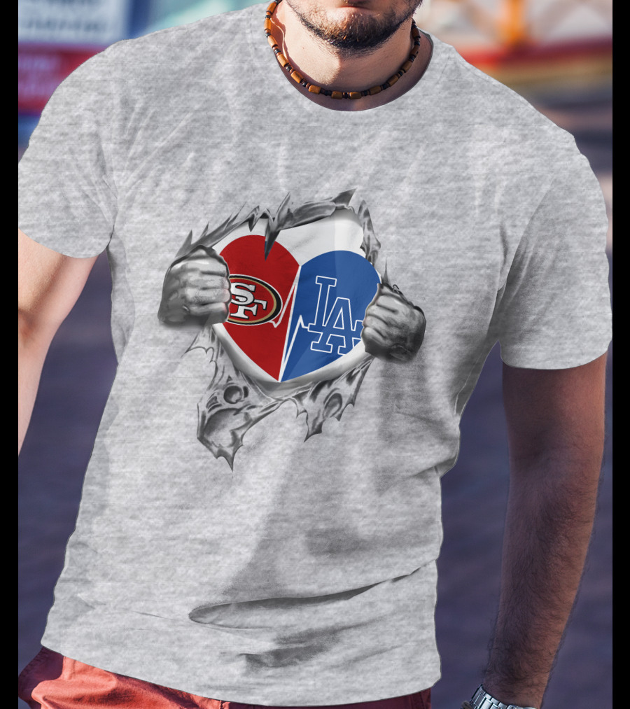 49ers La Dodgers Heart Logo Peeling T-Shirt