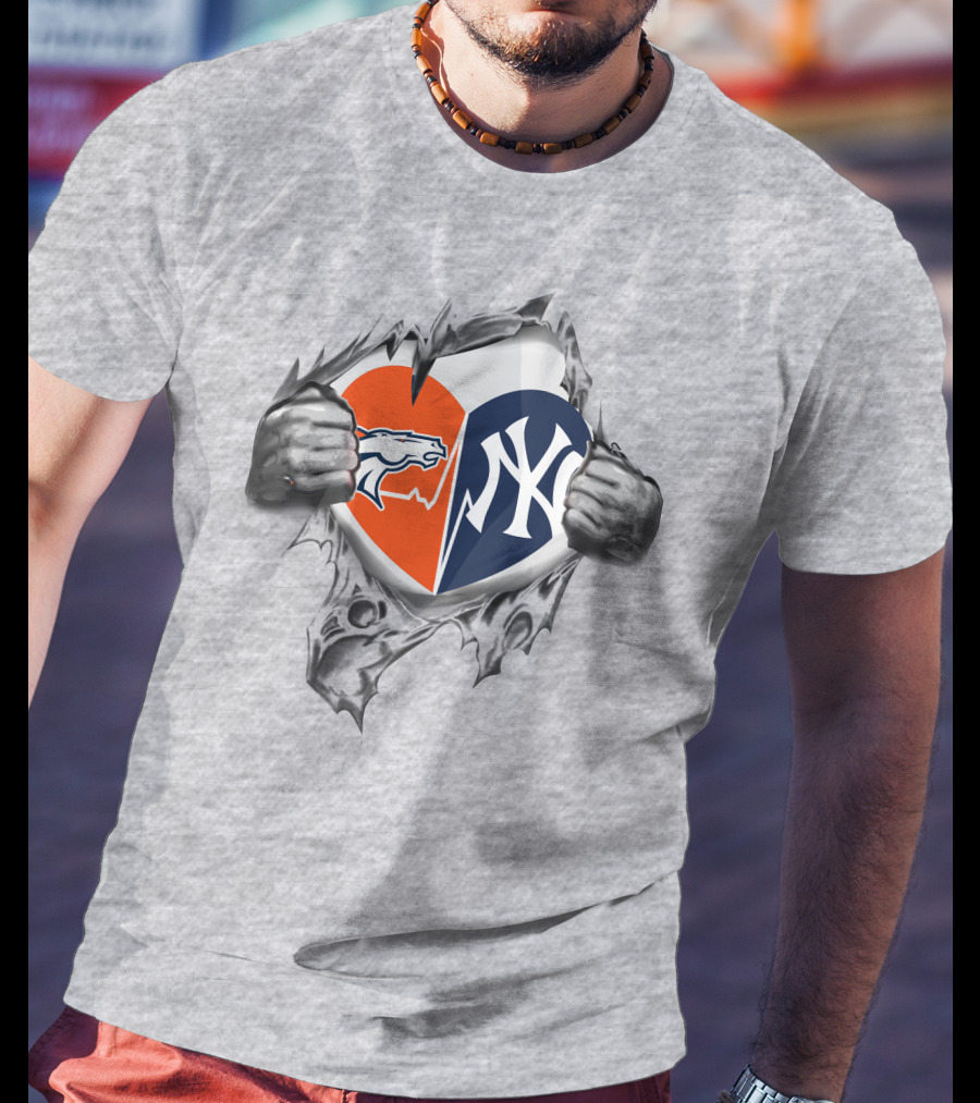 Broncos And Yankees Heart Split Design With Iconic Logo Mesh Tear Elements T-Shirt