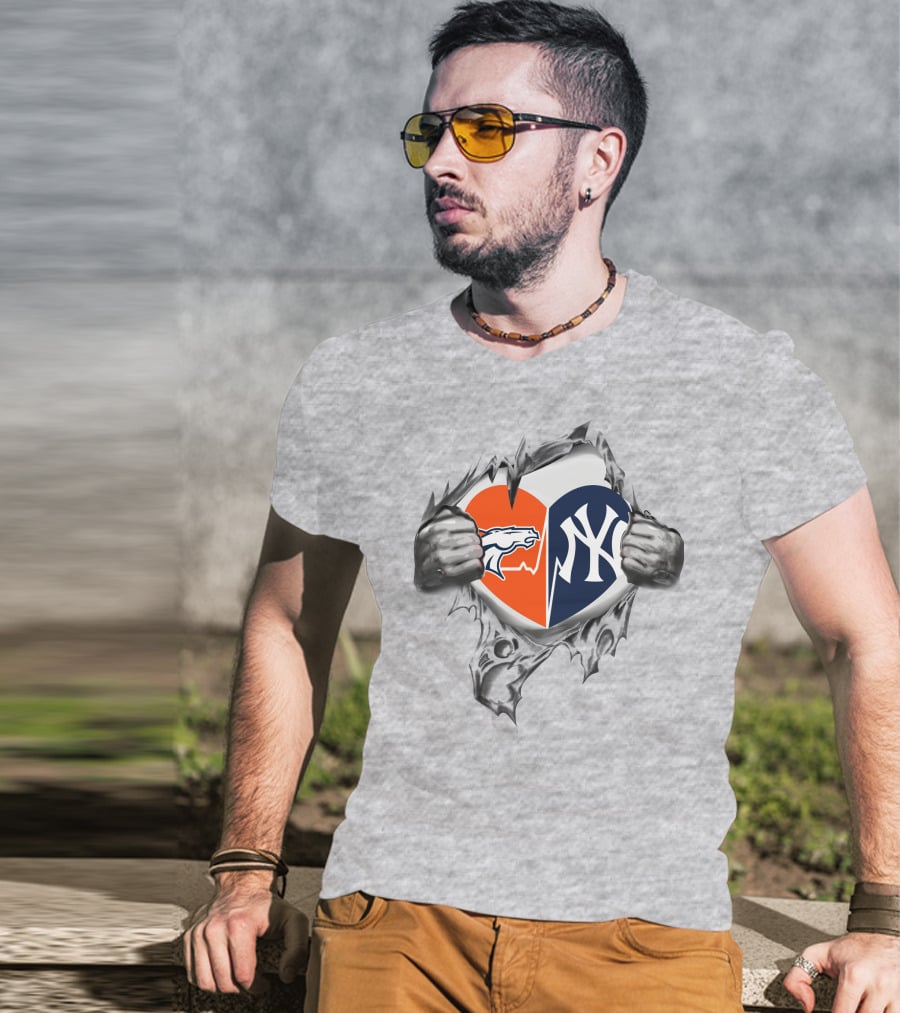 Broncos And Yankees Heart Split Design With Iconic Logo Mesh Tear Elements T-Shirt