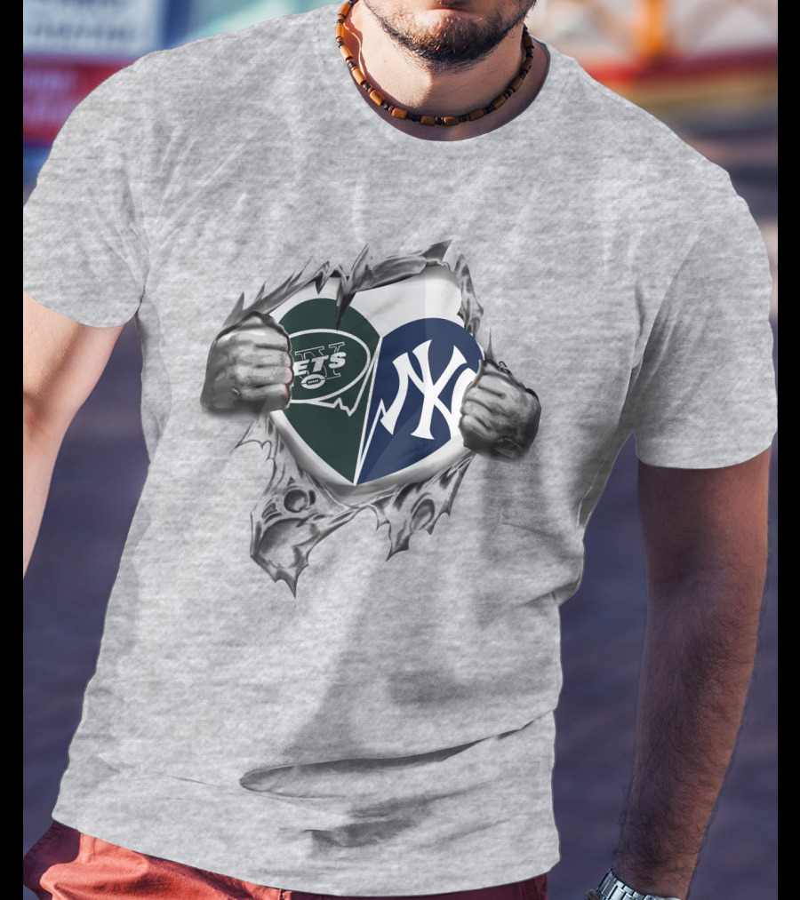 Jets Yankees Logo Heart Torn Open T-Shirt