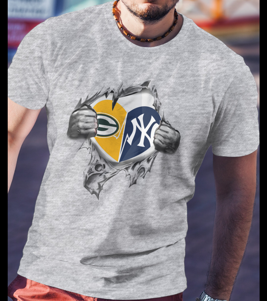 Packers Yankees Heart Split Logo Fusion T-Shirt