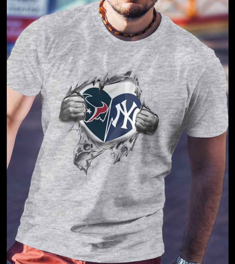 Texans Yankees NFL And MLB Split Heart T-Shirt