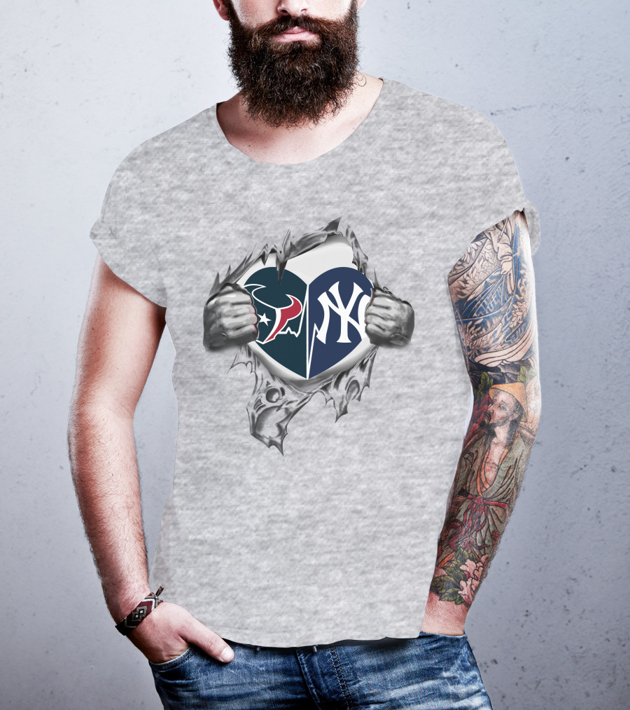 Texans Yankees NFL And MLB Split Heart T-Shirt