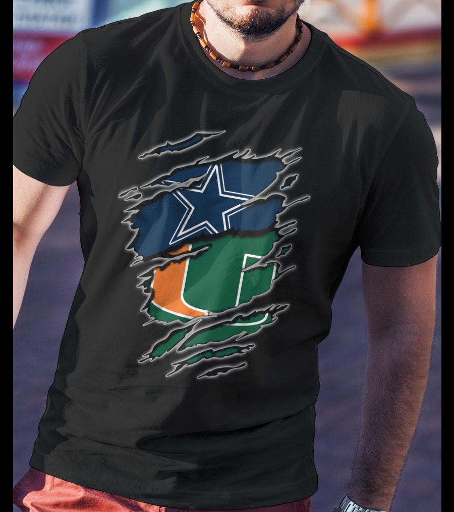 Dallas Cowboys Miami Hurricanes Logos Rip Through T-Shirt