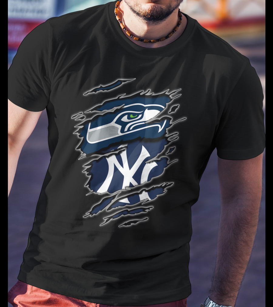 Seattle Seahawks New York Yankees Nfl Mlb Crossover Logo Fusion T-Shirt