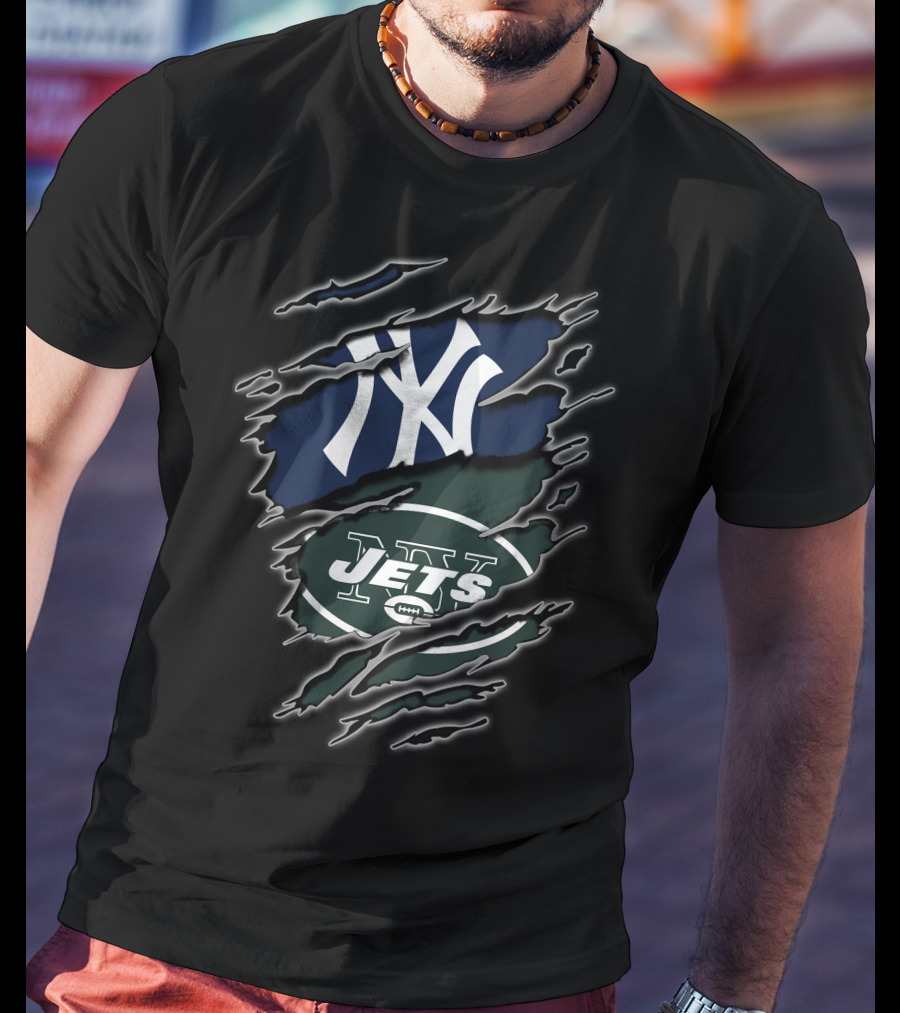 Yankees Jets Dual Logo Graphic With Torn Effect T-Shirt